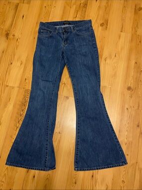 Dark Blue Women's Flare Jeans - Wide Leg Mid-Rise